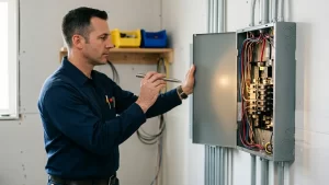Electrician inspecting an open electrical panel mounted on a white wall. The technician is using a screwdriver while looking at the internal wiring and circuit breakers inside the metal panel box. Multiple colored wires are organized within the panel, and surface-mounted conduit runs vertically along the wall. The setting appears clean and professional, highlighting a panel upgrade or electrical maintenance in progress.